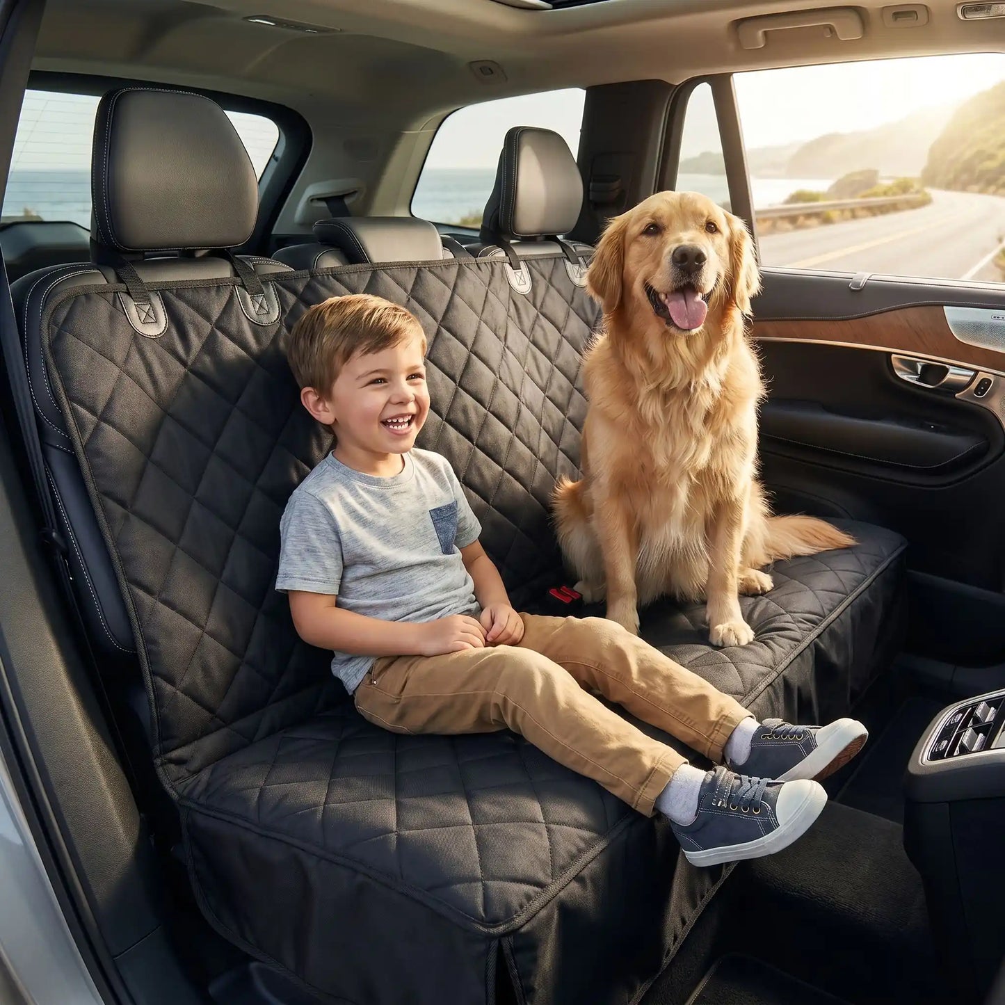 Un garçon chien assis sur housse voiture chien