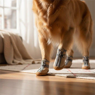Chien porte chaussure pour chien sur parquet
