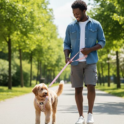 maître promène son chien dans son nouveau Harnais pour petit chien
