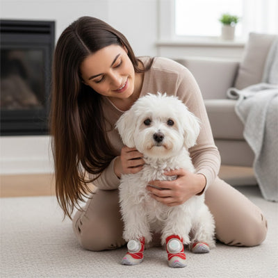 Petit bichon maitresse sur tapis chien chaussure pour chien