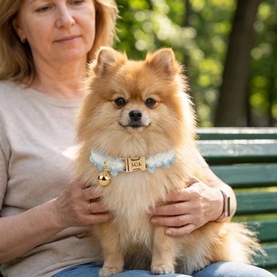 Petit chien assis genoux maitresse Collier Chien