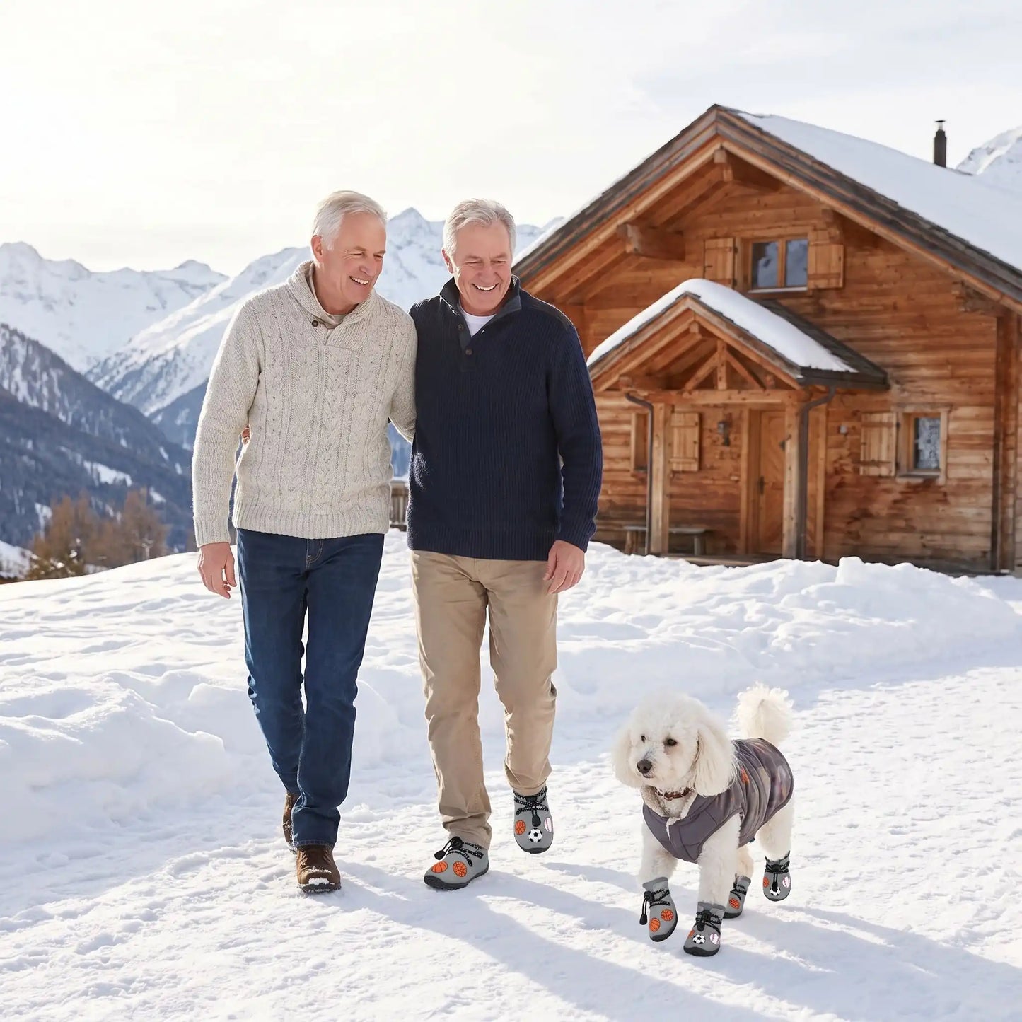 Des retraités promène leur chien près du chalet