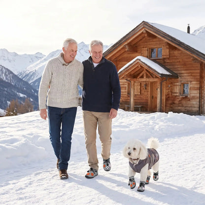 Des retraités promène leur chien près du chalet