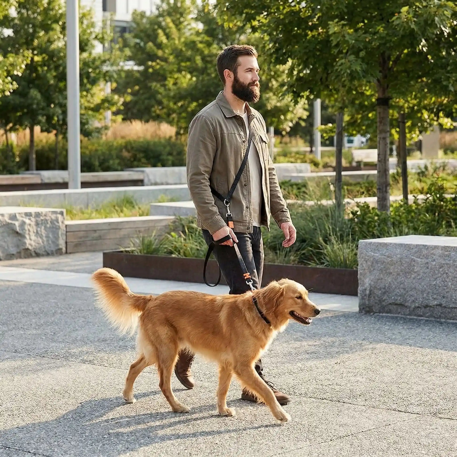 Ergowalk homme promène son chien laisse chien bandoulière noir