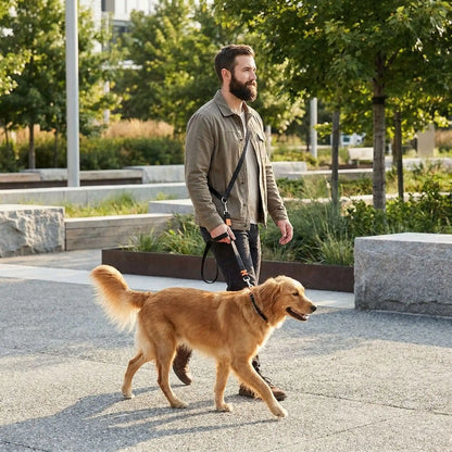 Ergowalk homme promène son chien laisse chien bandoulière noir