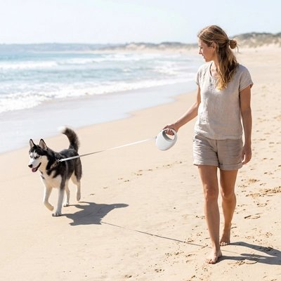 La Safe Lock Laisse enrouleur Chien sur la plage une promenade