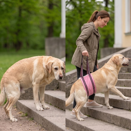 Avant après avec harnais de levage pour chien monte marches
