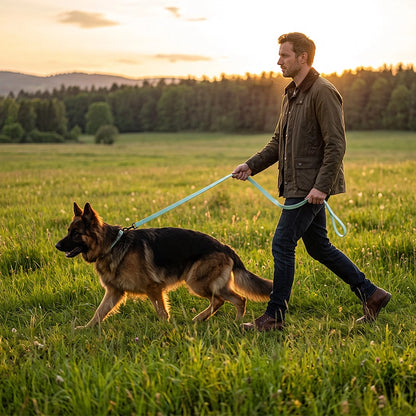 Balade chien berger allemand prairie laisse pour chien vert