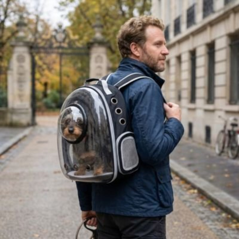 Balade en ville homme avec Sac a dos chien