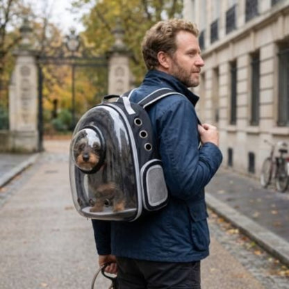 Balade en ville homme avec Sac a dos chien