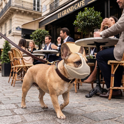 Balade rue piétone bouledogue portant muselière adaptée aux chiens brachycéphale