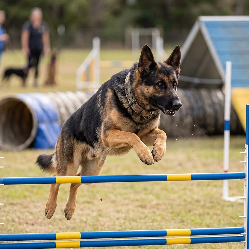 Berger Allemand saute barrière avec son Collier Chien