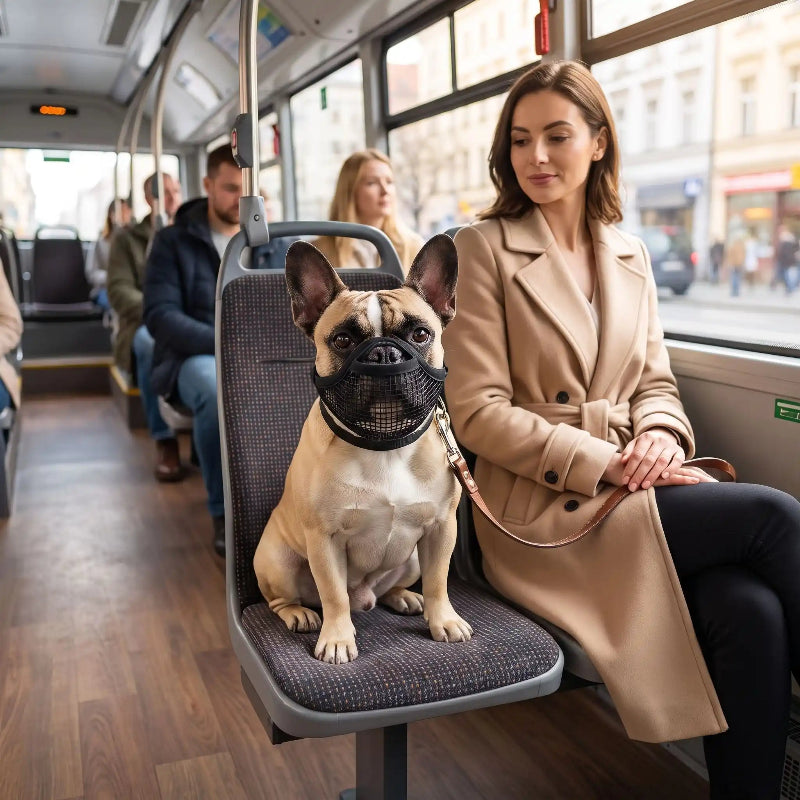 Bouledogue assis bus muselière noir