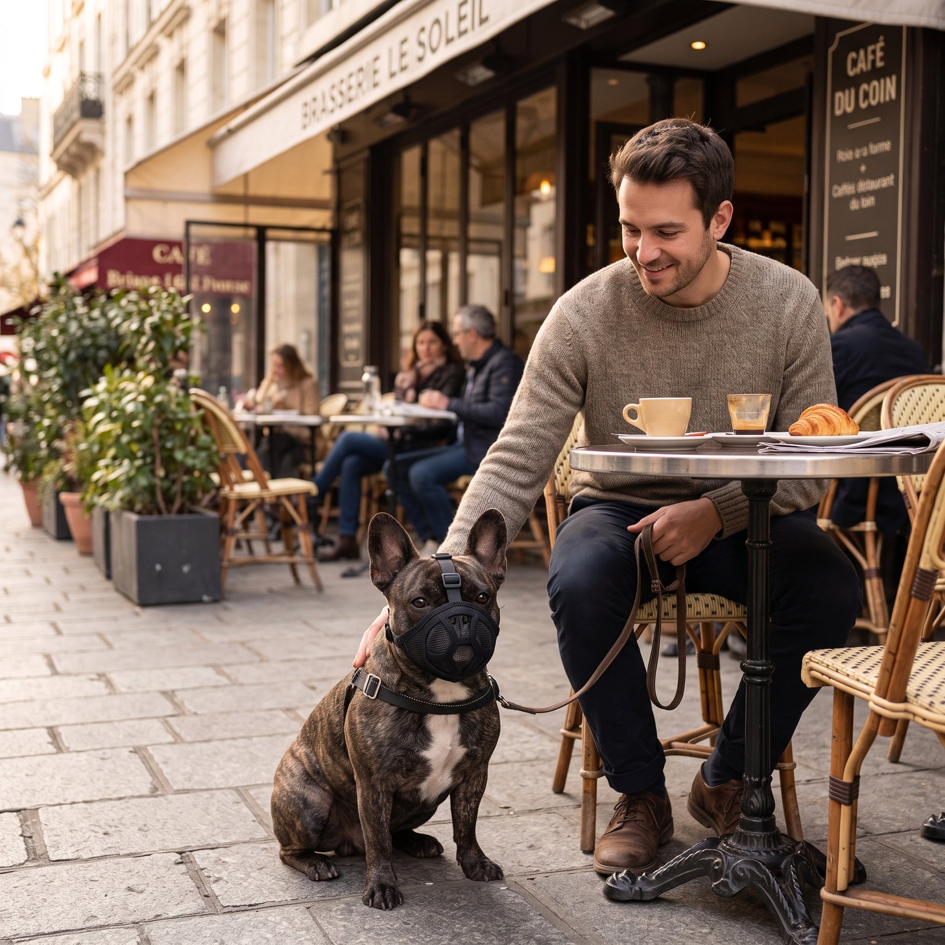 Bouledogue assis terrasse café muselière pour chien brachycéphale