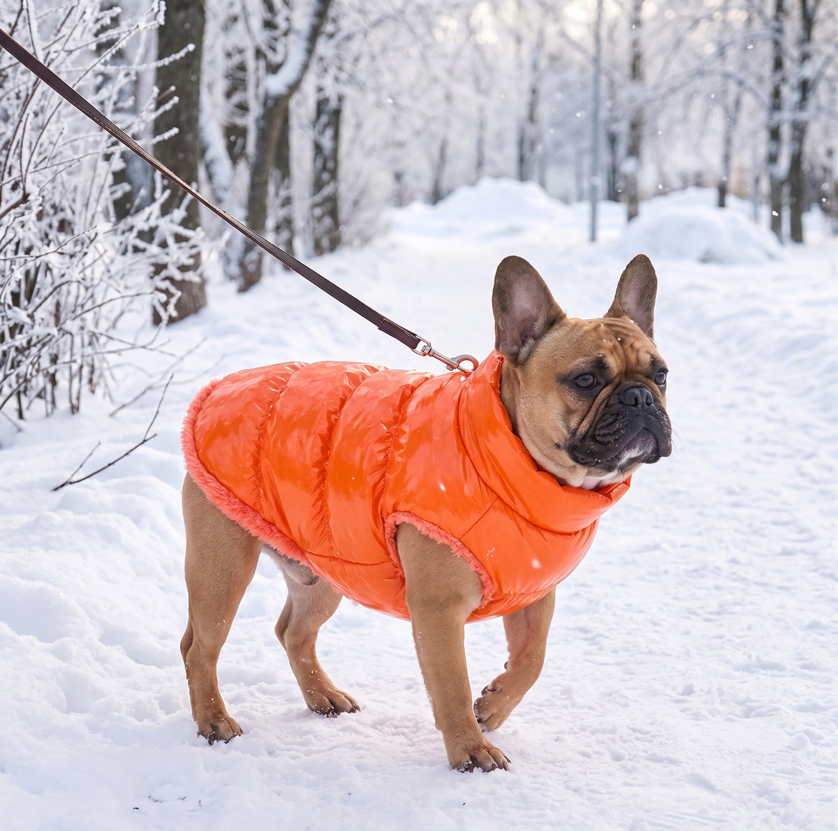 Bouledogue balade neige bois manteau pour petit chien