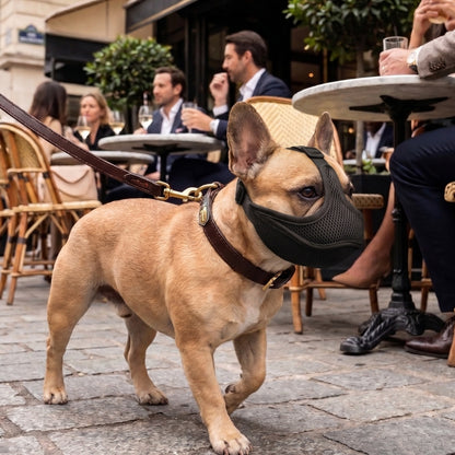Bouledogue Français marche terrasse muselière adaptée aux chiens brachycéphale