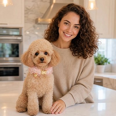Caniche nain assis table avec Collier Chien