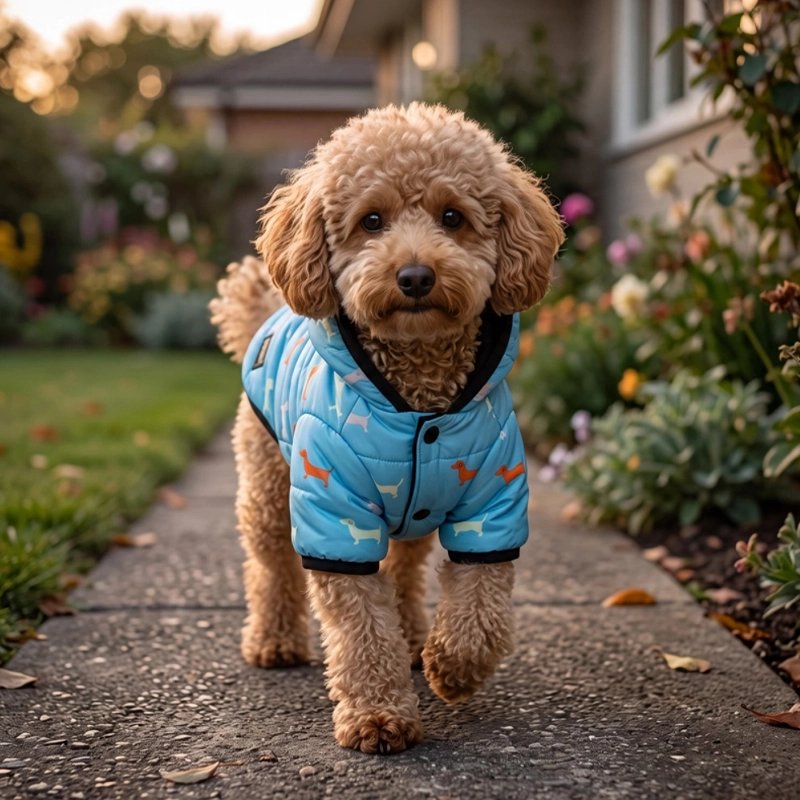 Caniche sort de la maison avec Manteau Chien bleu