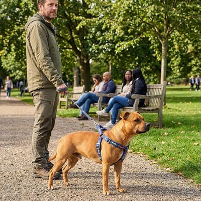 Chien a l'arrêt en laisse et son Harnais chien 