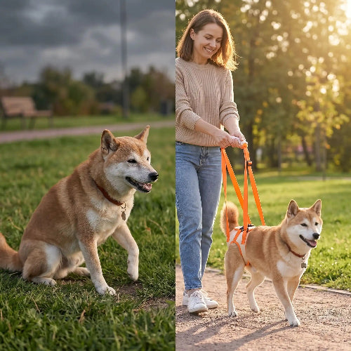 Chien âgés marche pas chien portant harnais levage chien marche