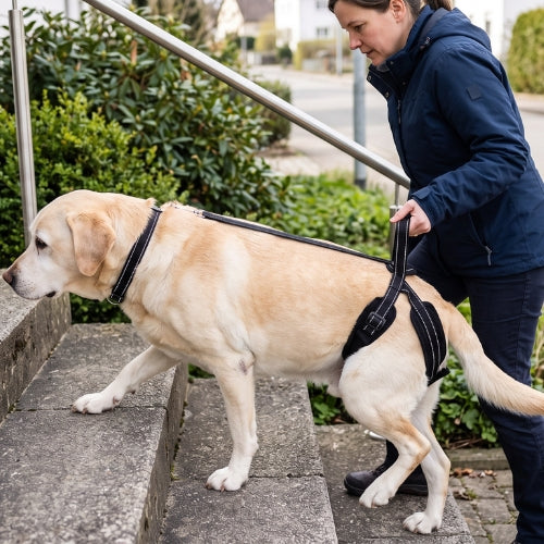 Chien âgés monte marche grâce au harnais levage chien noir