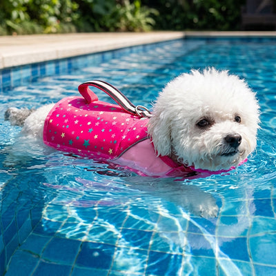 Chien amuse eau gilet de flottaison rose