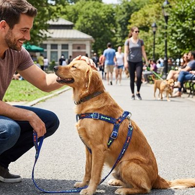 Chien assis dans un parc avec son Harnais chien bleu