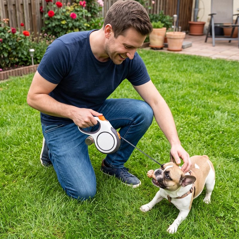 Chien attaché avec Laisse enrouleur pour chien blanc