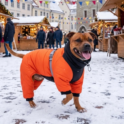 Chien au marche noël neige manteau pour chien orange
