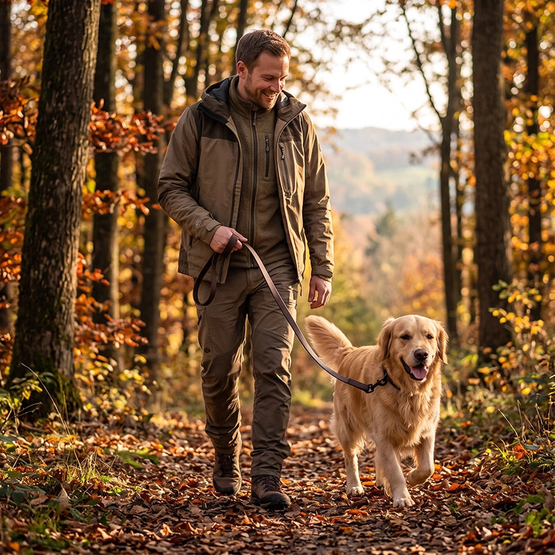 Chien balade forêt avec laisse pour chien