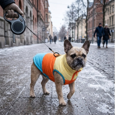 Chien balade laisse enrouleur ville avec manteau chien
