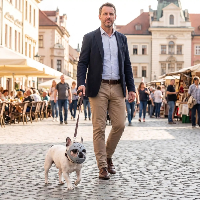 Chien balade place public muselière pour chien brachycéphale