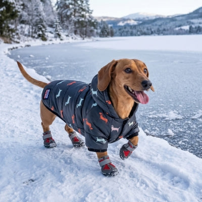 Chien basset balade près lac gelé avec manteau chien