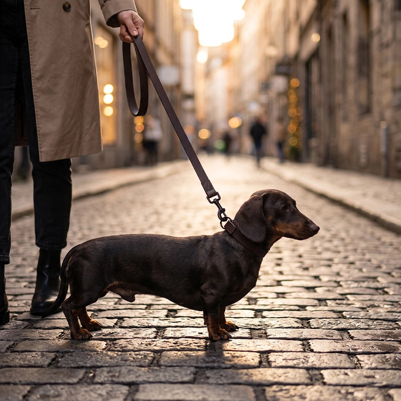 Chien basset tenus avec laisse pour chien café
