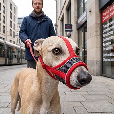Chien en balade maître chien porte sa Muselière pour chien​