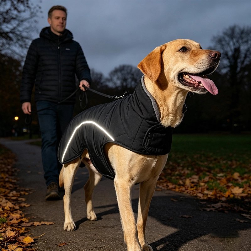 Chien en balade nocturne avec Manteau Chien bande réfléchissante