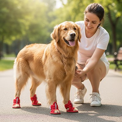chien et maitresse se balade le chien Chaussures chien rouge