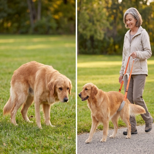 Chien femme âgé promène harnais de soutien pour chien