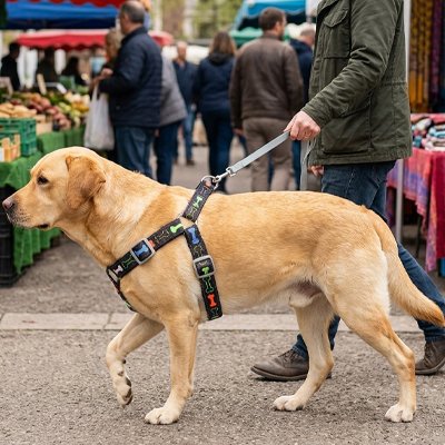 Chien marche dans la rue et son Harnais chien 