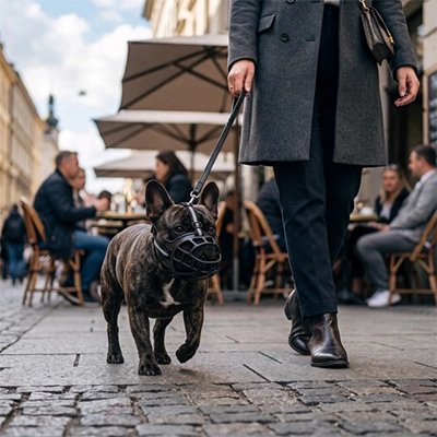 chien marche sur une place pavé avec muselière pour chien​