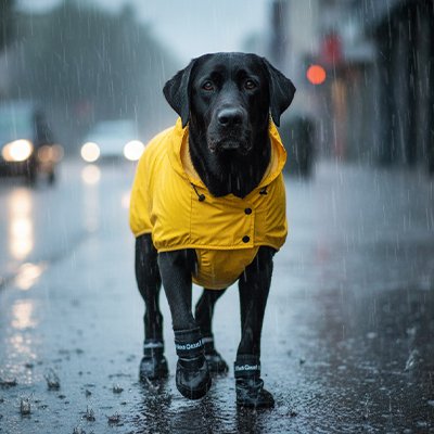 Chien promène avec Bottes pour chien noir en ville