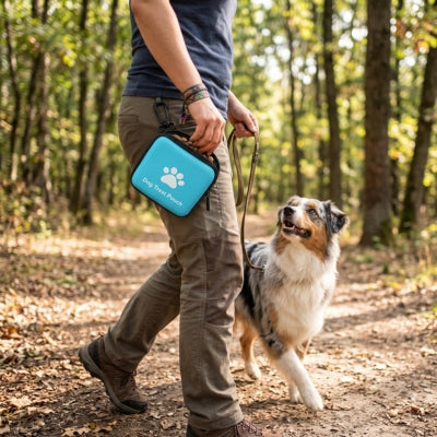 Chien regarde sac à friandise pour chien bleu