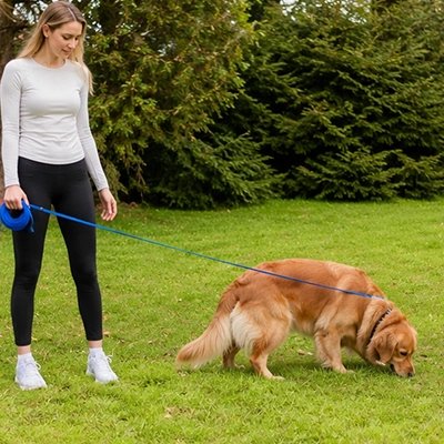 chien renifle l'herbe attaché à une Longe pour Chien