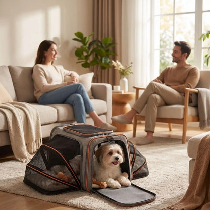 Chien salon dans son sac de transport pour chien