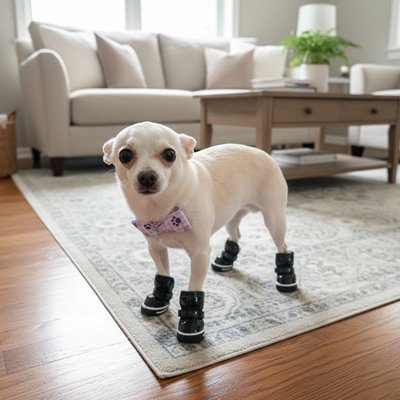 Chien sur tapis prêt à partir avec Bottes pour Chien