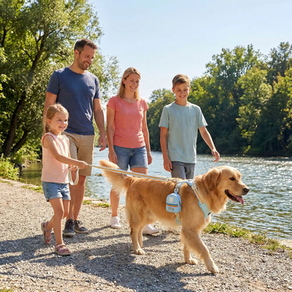 Citywalk famille avec chien porte harnais chien bleu 2