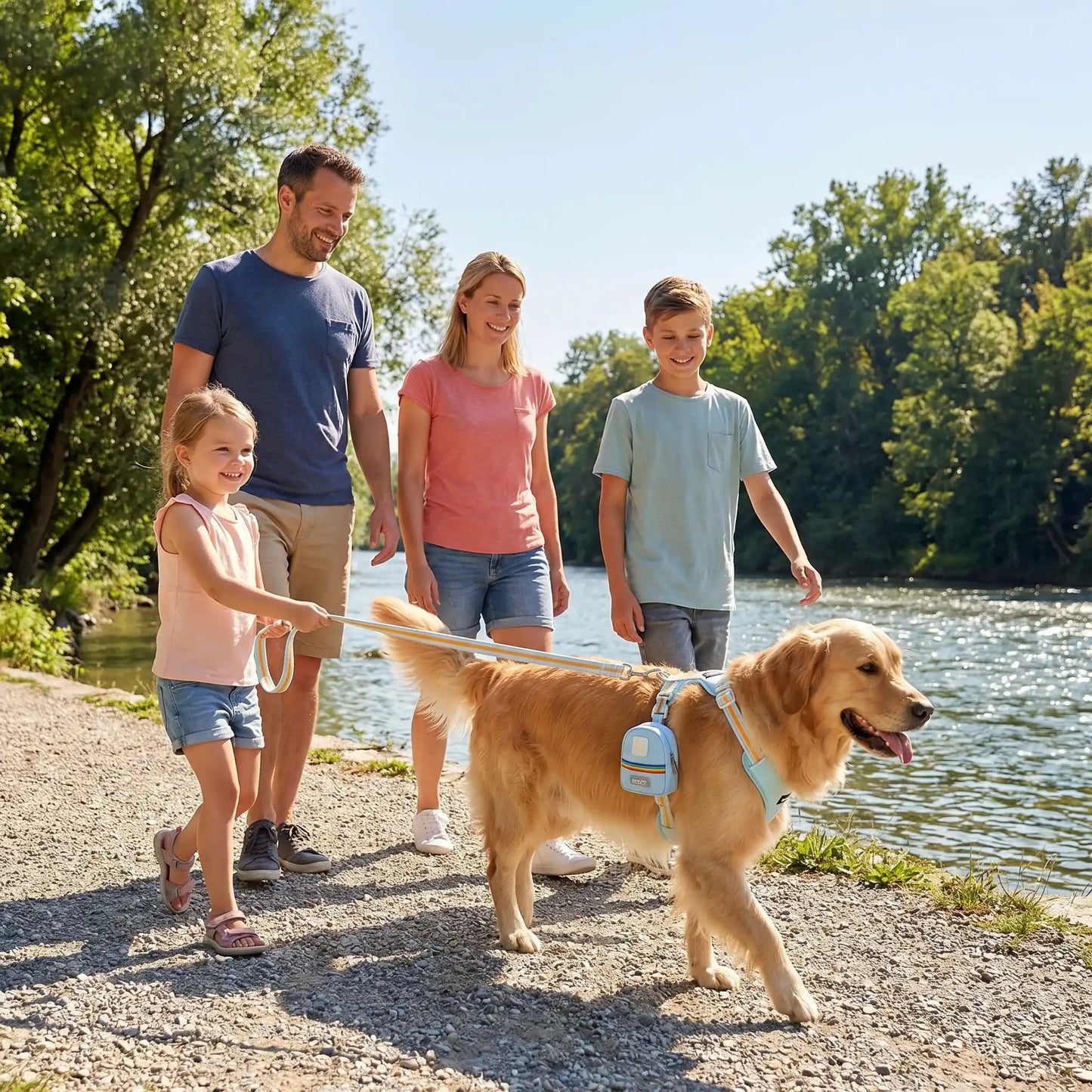 Citywalk famille avec chien porte harnais chien bleu