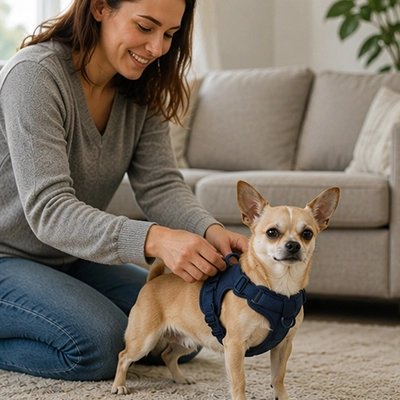 Confort+ femme attache le Harnais pour Chien bleu marine dans le salon