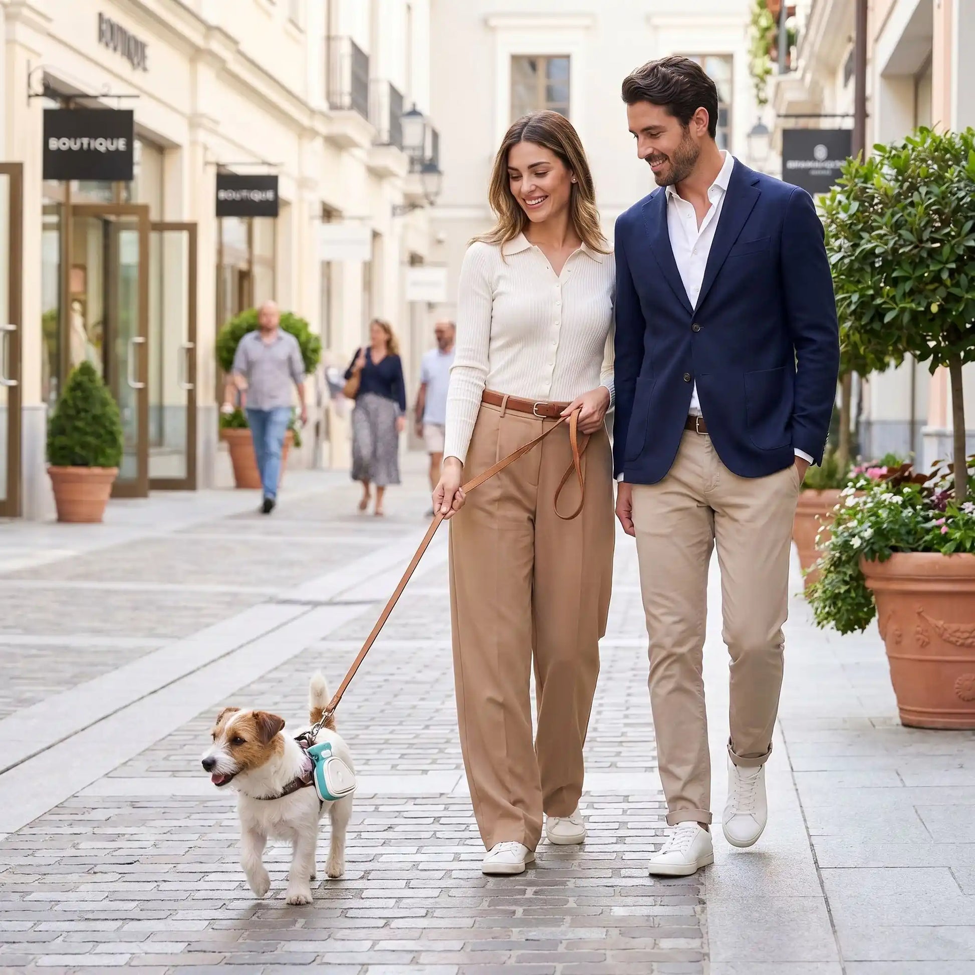 Couple promène chien ramasse crottes pour chien fixe harnais