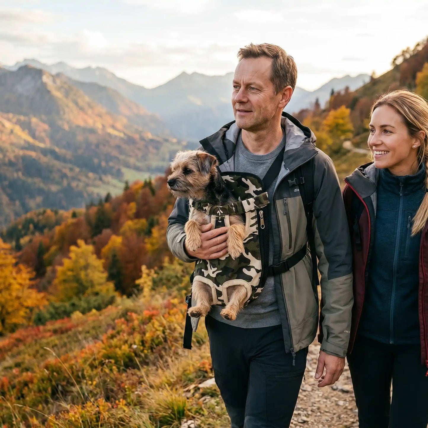 Couple- promène montagne chien sac de transport chien